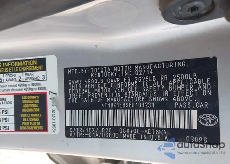 2014 Toyota Avalon Xle from USA, damaged, VIN 4T1BK1EB9EU101231